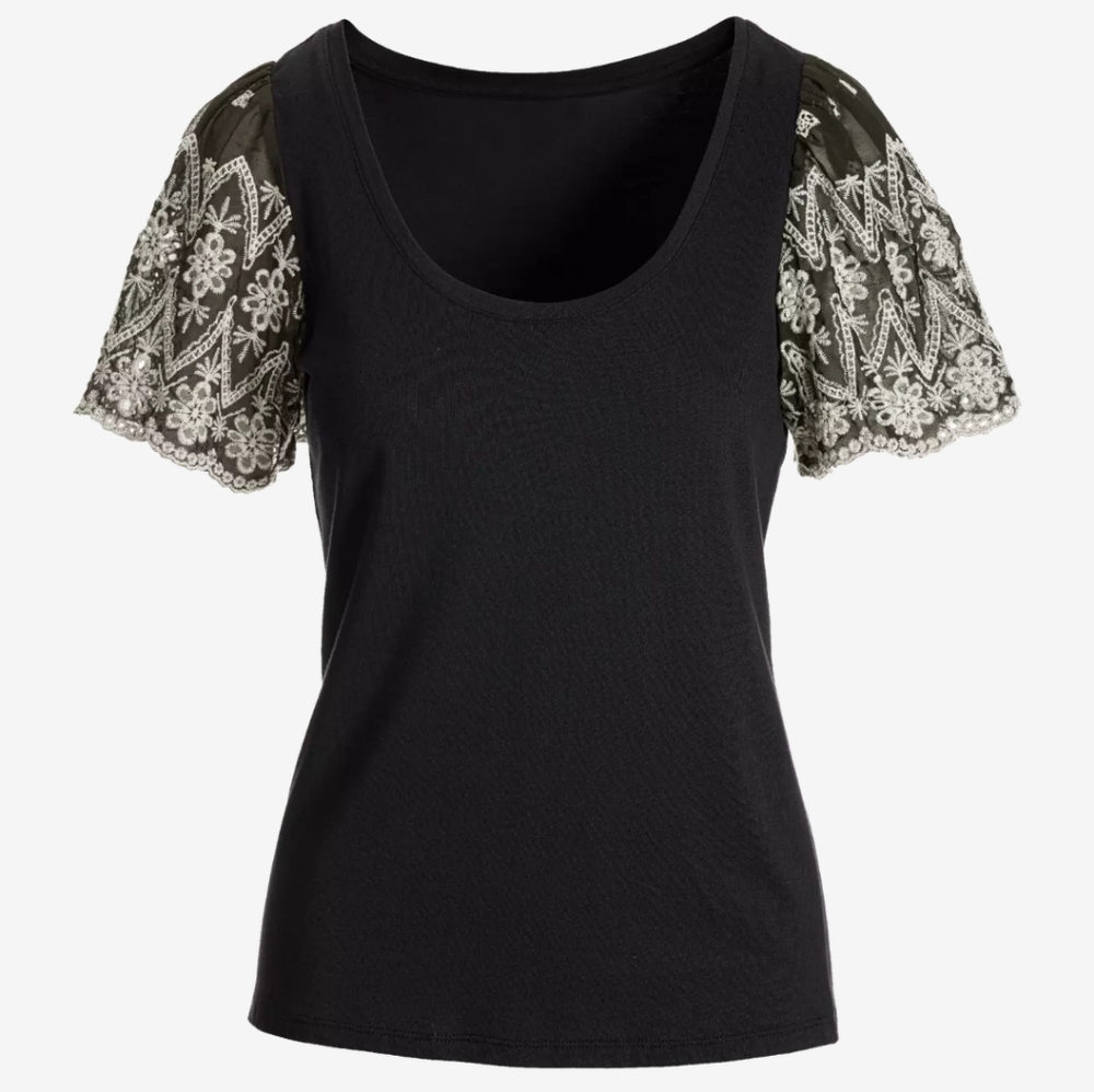 Boston Proper Eyelet Short Sleeve Tee Black Two Tone Scoop Neck Stitch Trim M